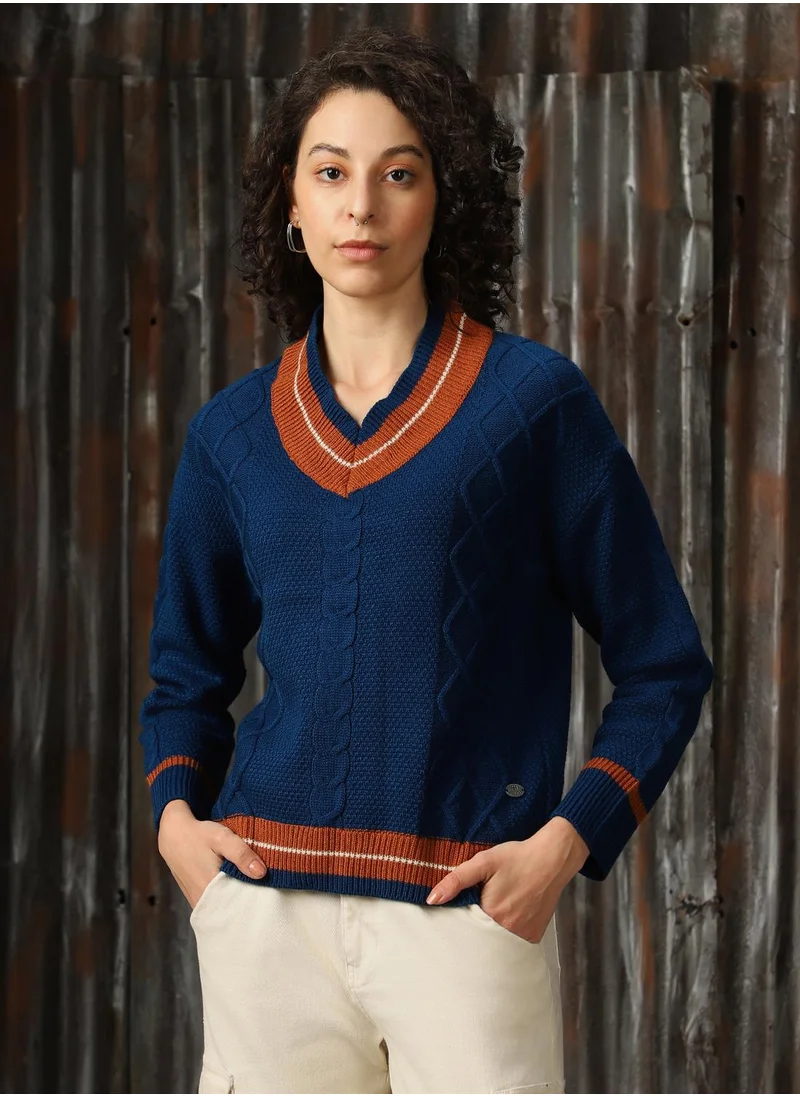 هاي ستار Women's Navy With Light Brown And Marshmellow 100% Acrylic Solid Regular Fit Sweater