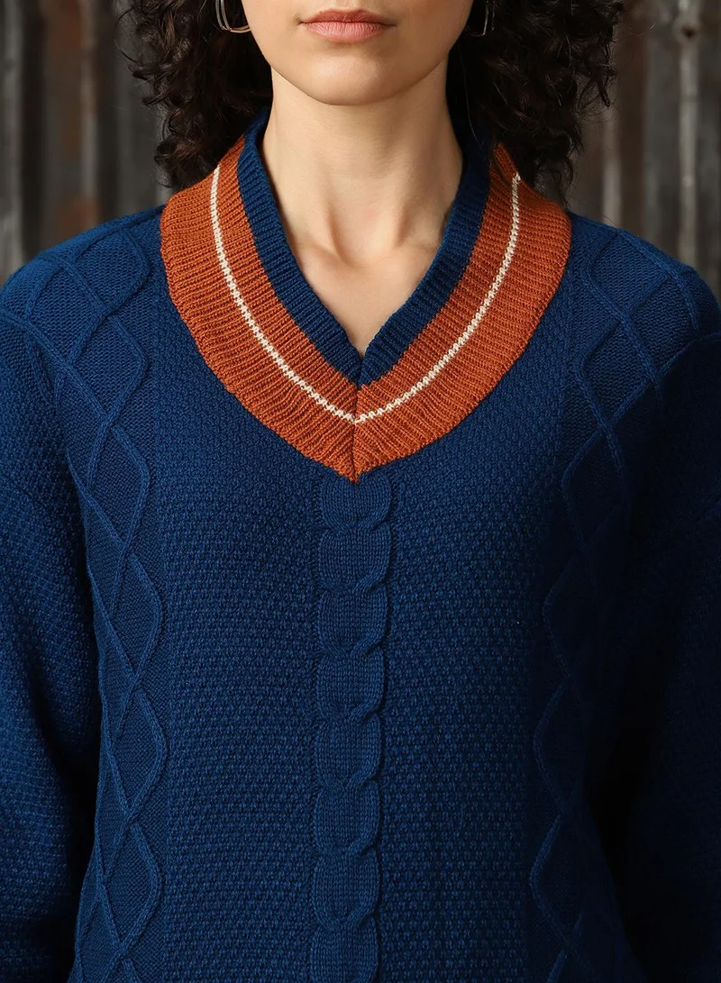 HIGH STAR Women's Navy With Light Brown And Marshmellow 100% Acrylic Solid Regular Fit Sweater