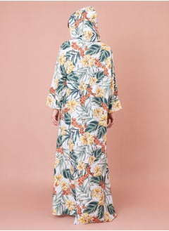 اكسا جلابية منقوشة زهور بقبعة IN1030 ابيض  - Image 4