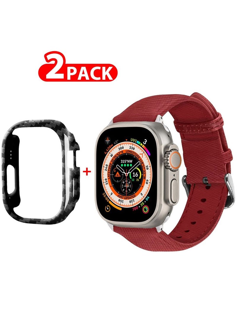 CATANES 2 Packs For Apple Watch Band 49mm Leather Band Buckle Strap Wristband and Carbon Fiber Cup Holder Red - Image 1