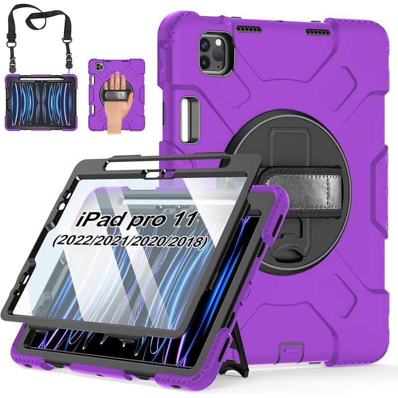 Case for iPad Pro 11 Inch 2022/2021/ 2020/2018: Silicone Cover for iPad 11 Inch 4th/ 3rd/ 2nd/ 1st/ Generation with Screen Protector- Stand- Handle- Shoulder Strap- Pencil Holder- Purple - Image 1