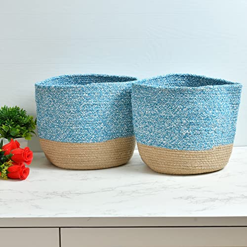 LaVichitra Braided Cotton Baskets | Storage Bins Organizer | Laundry, Toys & Planter Basket- Set of 2 (10 Inch), Aqua - Image 1