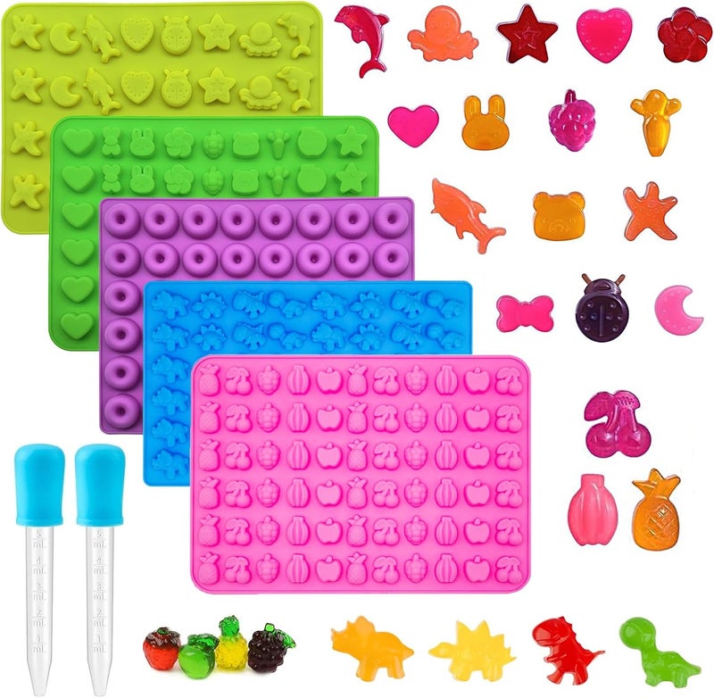 Apiocmy 5Pcs Gummy Candy Molds - Silicone Gummy Dinosaur/Marine Animal/Donut/Small Hearts Shapes/Fruit Snack Mold for Kids with 2pcs Dropper,Non-stick and Bpa Free for Mini Candy Chocolate Gummies Baking - Image 1