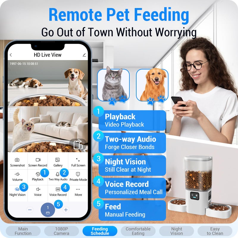 Frienhund مغذي قطط أوتوماتيكي مزدوج من فرينهوند مع كاميرا لقطتين: مغذي كلاب أوتوماتيكي 5G واي فاي مع رؤية ليلية، موزع طعام قطط سعة 7 لتر مع كاميرتين لعدة حيوانات أليفة، سهل التنظيف - 29 كوب (ACF180W-A) - Image 4