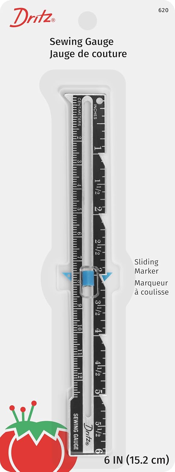 Dritz 6 Sliding Marker Sewing Gauge Nickel with Black Printing and Blue Slider - Image 1