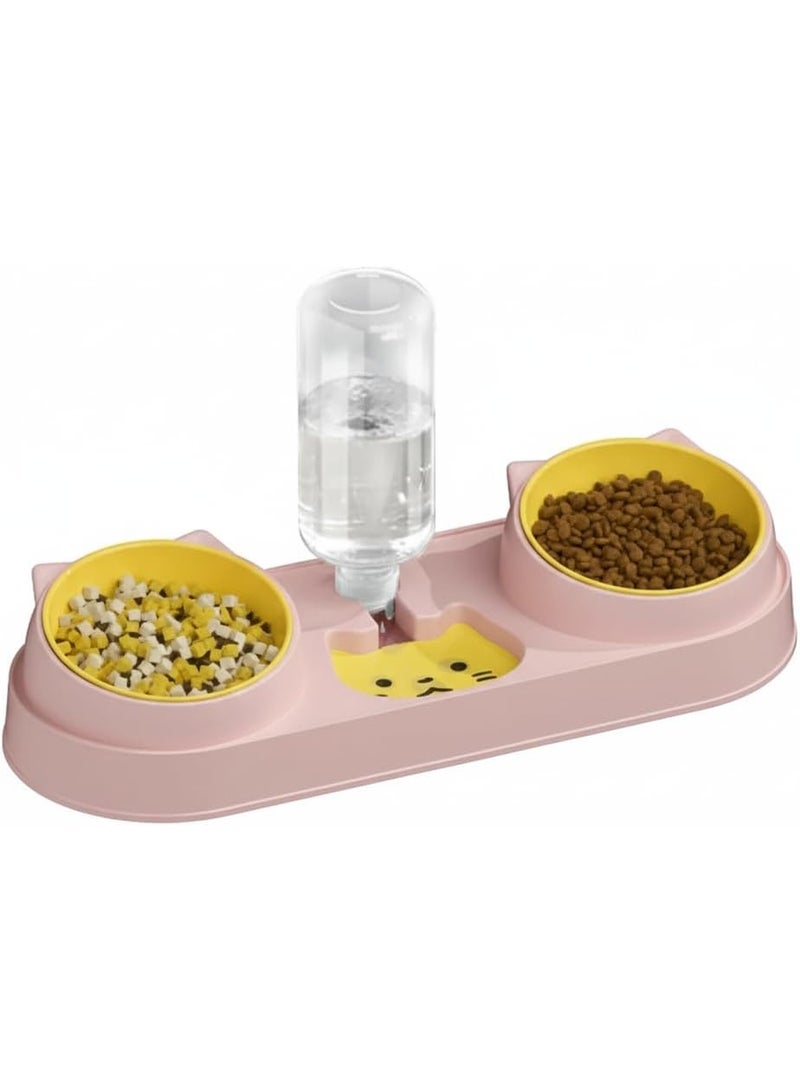 Automatic Cat Dog Bowl with Water Fountain - Double Bowl for Drinking and Food - Pet Bowl Holder (Pink) - Image 1