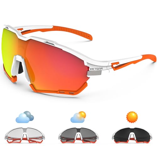 VICTGOAL Cycling Glasses for Men Women with Polarized and Photochromic 2 Lenses Clear Road Bike Running Sports Sunglasses (White) - Image 1