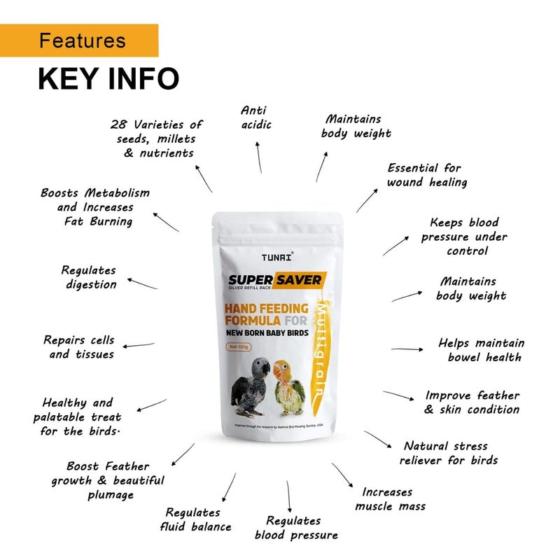 TUNAI صيغة تغذية يدوية من توناي سوبر سيفر لجميع الطيور حديثة الولادة | 100 جرام | ضروري لطيورك الصغيرة - محتوى غني بالكالسيوم والبروتين، مناسب لجميع الطيور - Image 3