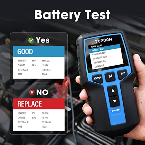 Topdon جهاز اختبار بطارية السيارة TOPDON BT200، جهاز اختبار بطارية 12V/24V 100-2000CCA، مع اختبارات بدء التشغيل والشحن، للسيارات والدراجات النارية والقوارب وسيارات الدفع الرباعي والشاحنات، للمحترفين وهواة الأعمال اليدوية - Image 3