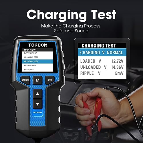 Topdon جهاز اختبار بطارية السيارة TOPDON BT200، جهاز اختبار بطارية 12V/24V 100-2000CCA، مع اختبارات بدء التشغيل والشحن، للسيارات والدراجات النارية والقوارب وسيارات الدفع الرباعي والشاحنات، للمحترفين وهواة الأعمال اليدوية - Image 4