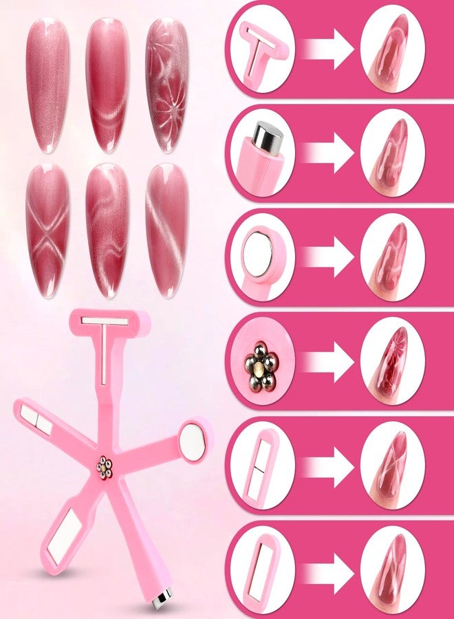 heemeei 12pcs Cat Eye Magnet for Nails, 6 In 1 Multifunction 9pcs Stripe Plates Pen Wand for Cat Eye Gel Polish 3d Nail Art Salon or Diy (Pink) - Image 3