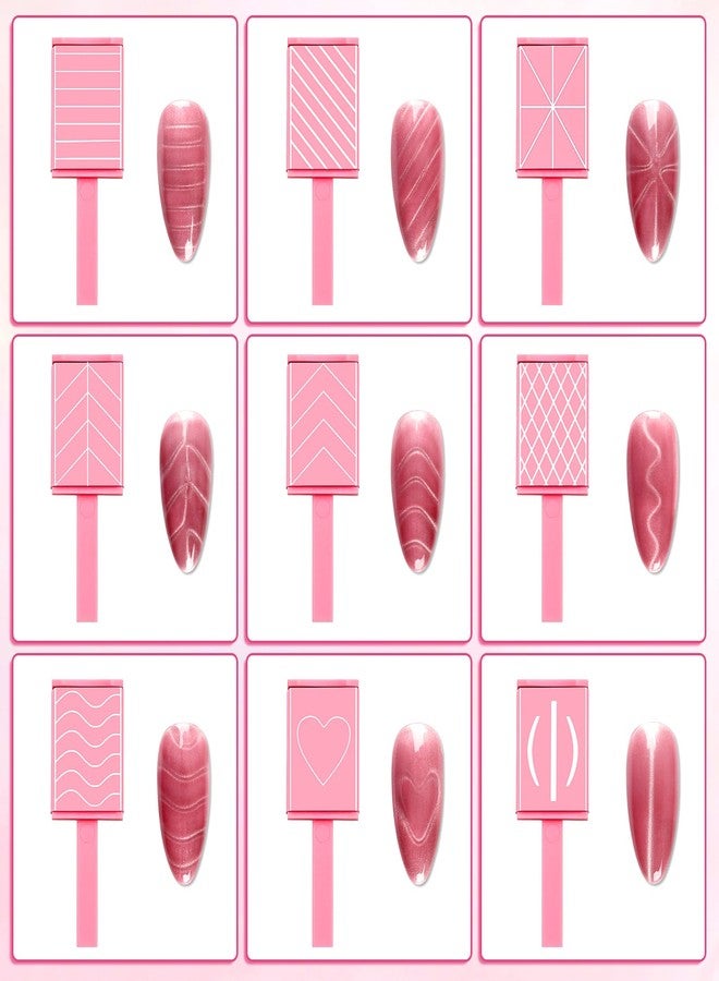 heemeei 12pcs Cat Eye Magnet for Nails, 6 In 1 Multifunction 9pcs Stripe Plates Pen Wand for Cat Eye Gel Polish 3d Nail Art Salon or Diy (Pink) - Image 4