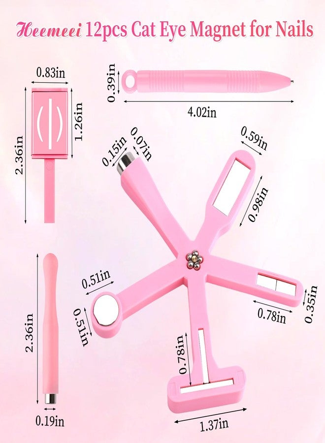 heemeei 12pcs Cat Eye Magnet for Nails, 6 In 1 Multifunction 9pcs Stripe Plates Pen Wand for Cat Eye Gel Polish 3d Nail Art Salon or Diy (Pink) - Image 2