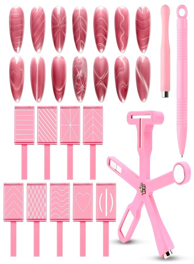 heemeei 12pcs Cat Eye Magnet for Nails, 6 In 1 Multifunction 9pcs Stripe Plates Pen Wand for Cat Eye Gel Polish 3d Nail Art Salon or Diy (Pink) - Image 1