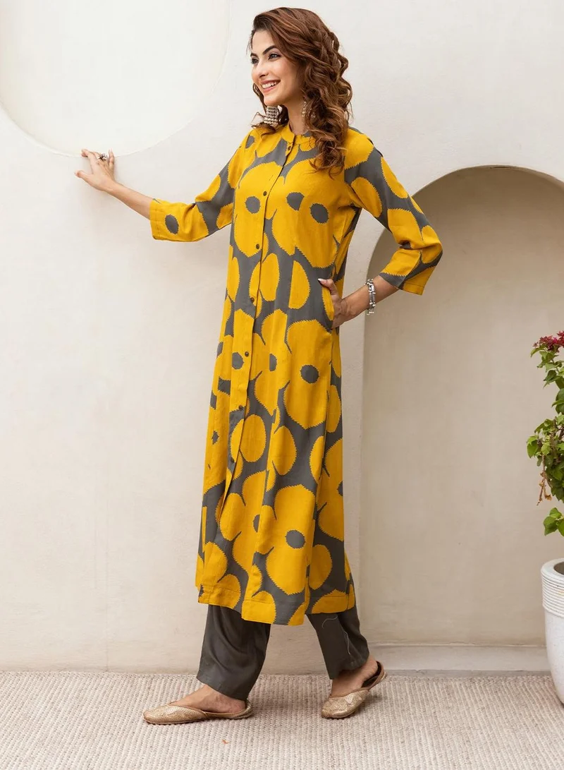 ISHIN Women's Yellow Rayon Embellished Button Down Full Length Palazzo Straight Fit Kurta Set