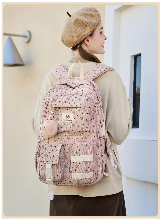 Hidds School Backpack with Lunch Box Laptop College Backpacks Corduroy Students Bookbag with Lunch Bag for Teens Girls Women, 20-corduroy Pink Bowknot Set, Medium, School Backpack Set , College - Image 2