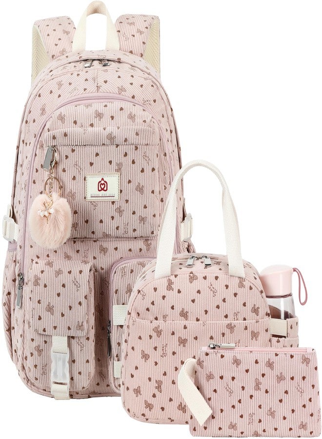 Hidds School Backpack with Lunch Box Laptop College Backpacks Corduroy Students Bookbag with Lunch Bag for Teens Girls Women, 20-corduroy Pink Bowknot Set, Medium, School Backpack Set , College - Image 1