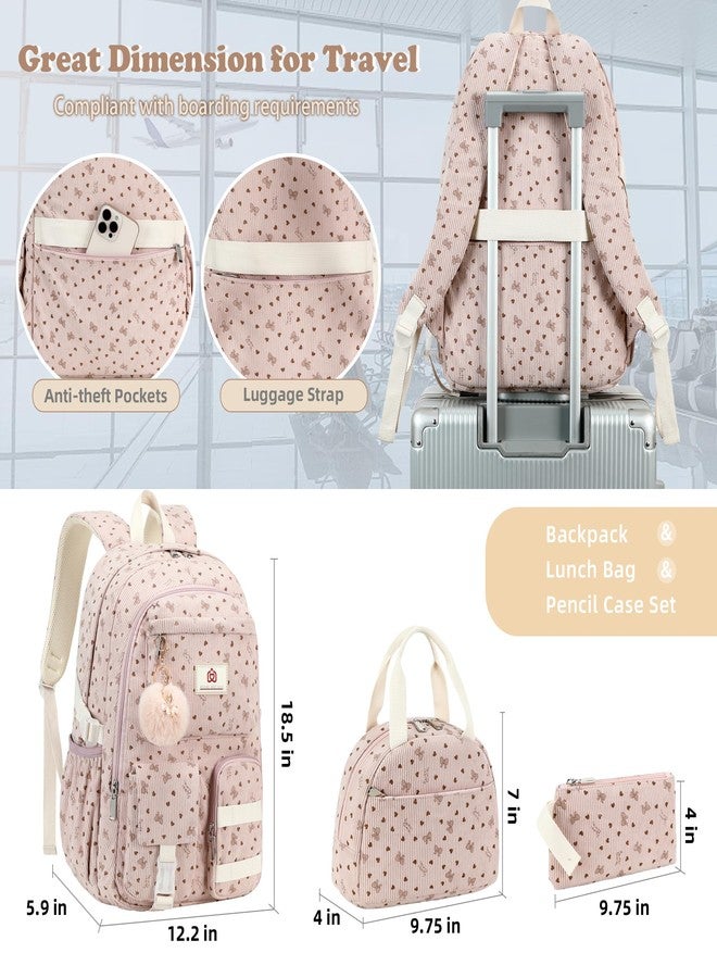 Hidds School Backpack with Lunch Box Laptop College Backpacks Corduroy Students Bookbag with Lunch Bag for Teens Girls Women, 20-corduroy Pink Bowknot Set, Medium, School Backpack Set , College - Image 3
