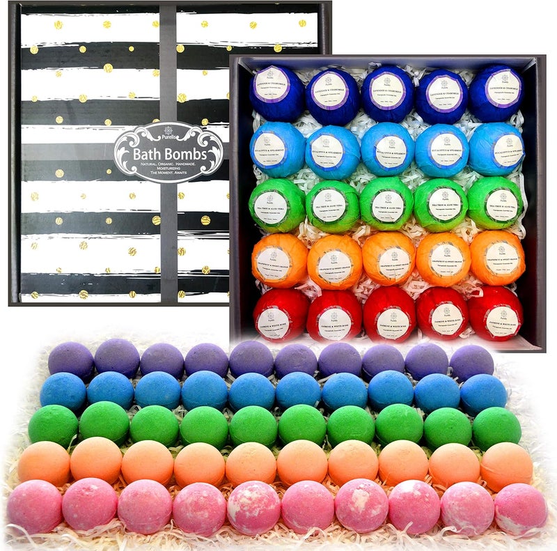 Relaxing Bath Bombs for Men  Women 50 Wholesale Bath Bombs Individually Wrapped Bulk Aromatherapy Essential Oil Bath Bombs for Adults Teens Kids Bath Fizzies 1 Best Pampering Gifts for Women