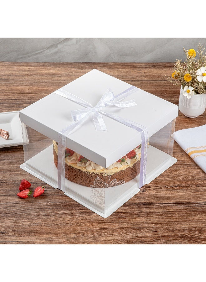 Restaurantware 10 Inch x 8.25 Inch Transparent Cake Boxes, 10 White Lid Clear Cake Boxes - No Grease Base, Gray Ribbon, Clear Plastic Birthday Cake Boxes, Lotus Accent, For Weddings Or Birthdays  - Image 4