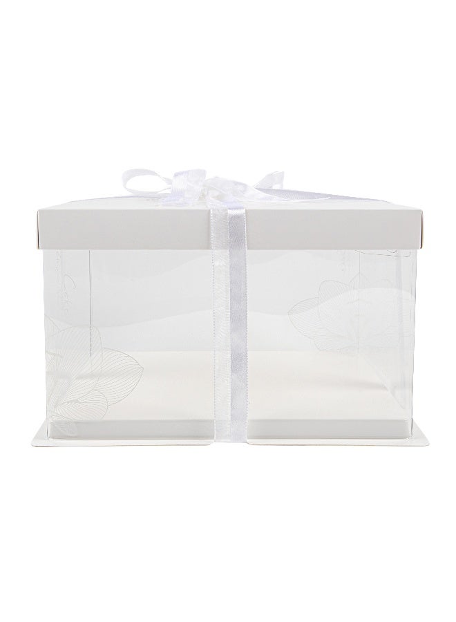 Restaurantware 10 Inch x 8.25 Inch Transparent Cake Boxes, 10 White Lid Clear Cake Boxes - No Grease Base, Gray Ribbon, Clear Plastic Birthday Cake Boxes, Lotus Accent, For Weddings Or Birthdays  - Image 1