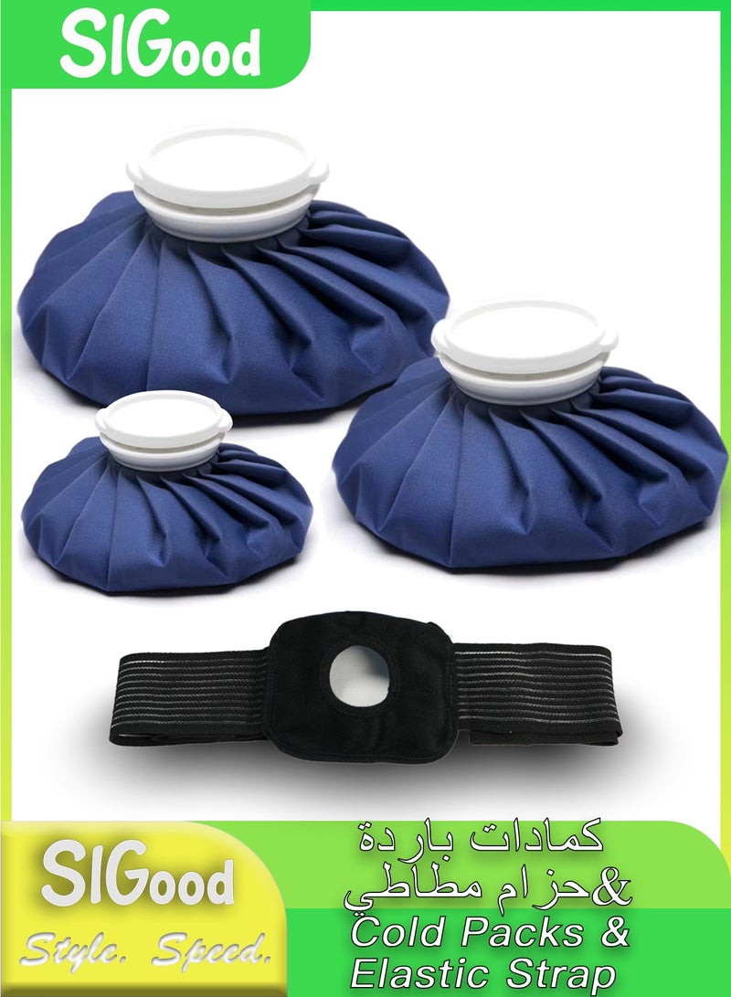 SIGood Ice Bag Set with Elastic Strap for Hot & Cold Therapy, 3 Sizes (11", 9", 6") Reusable Leak-Proof Ice Packs with Wide Mouth Cap, Soft Fabric Compress for Pain Relief, Injury, Headache, Sprain (Blue) - Image 1