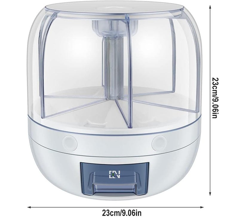 Krevia Plastic 6-Grid Round Food Dispenser | 360° Rotating Food Bucket Transparent Rice Storage Container | Rotatable Dry Food Fruit Cereal Storage Box Container with Lid for Home and Kitchen (White) - Image 2