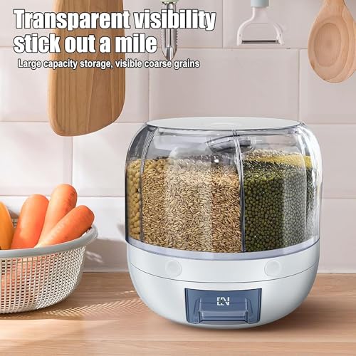 Krevia Plastic 6-Grid Round Food Dispenser | 360° Rotating Food Bucket Transparent Rice Storage Container | Rotatable Dry Food Fruit Cereal Storage Box Container with Lid for Home and Kitchen (White) - Image 5