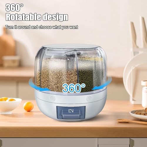 Krevia Plastic 6-Grid Round Food Dispenser | 360° Rotating Food Bucket Transparent Rice Storage Container | Rotatable Dry Food Fruit Cereal Storage Box Container with Lid for Home and Kitchen (White) - Image 3