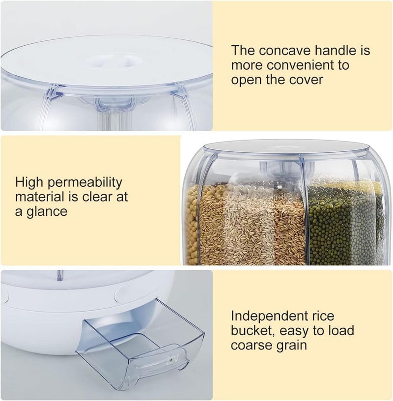 Krevia Plastic 6-Grid Round Food Dispenser | 360° Rotating Food Bucket Transparent Rice Storage Container | Rotatable Dry Food Fruit Cereal Storage Box Container with Lid for Home and Kitchen (White) - Image 4