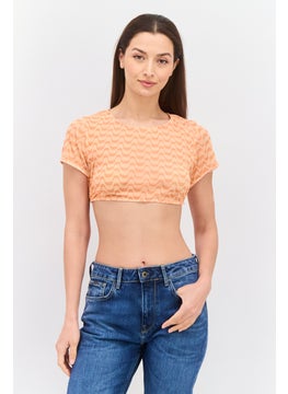 Women Boat Neck Short Sleeve Allover Top, Peach