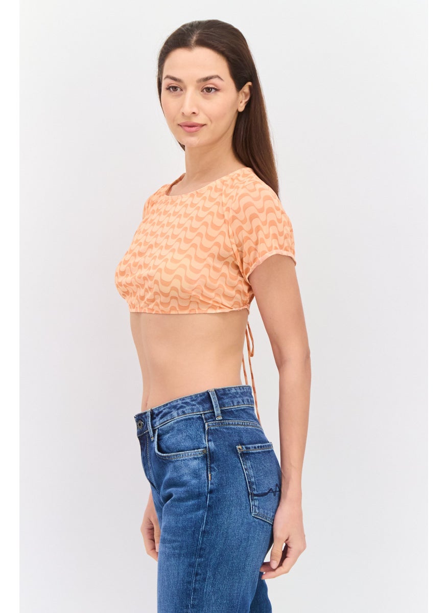 Dippin' Daisy's - Women Boat Neck Short Sleeve Allover Top, Peach - Image 1