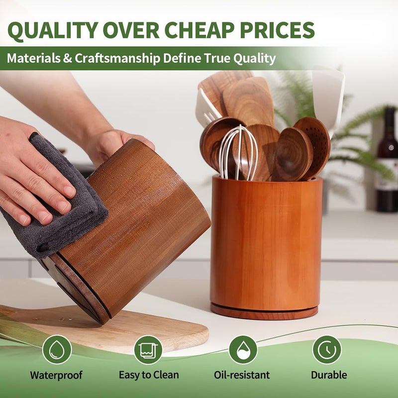 Gorsent Wooden Utensil Holder  360Rotating 7.3 ' ' Large Utensil Holder For Kitchen Counter  Kitchen Utensil Organizer  Utensil Crock  Farmhouse Kitchens Countertop Decor  Walnut-Finish - Image 4