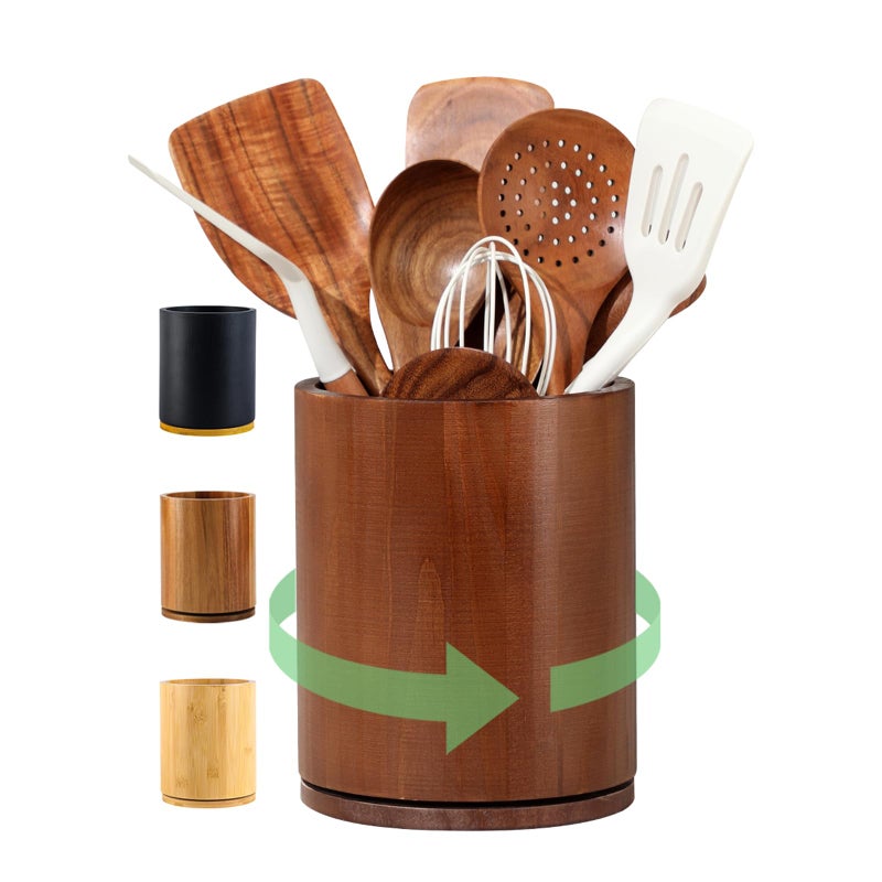 Gorsent Wooden Utensil Holder  360Rotating 7.3 ' ' Large Utensil Holder For Kitchen Counter  Kitchen Utensil Organizer  Utensil Crock  Farmhouse Kitchens Countertop Decor  Walnut-Finish - Image 1