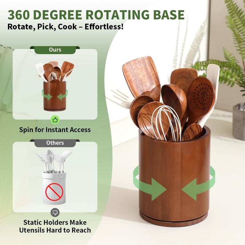 Gorsent Wooden Utensil Holder  360Rotating 7.3 ' ' Large Utensil Holder For Kitchen Counter  Kitchen Utensil Organizer  Utensil Crock  Farmhouse Kitchens Countertop Decor  Walnut-Finish - Image 2