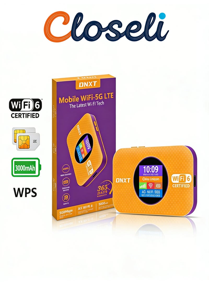 كلوزيلي راوتر واي فاي محمول 4G، Pocket WiFi، راوتر CPE، راوتر 5G بشريحة SIM، WiFi 6، مودم LTE، توصيل وتشغيل فوري، شاشة عرض التاريخ والبطارية، بطارية 3000mAh، اتصال WPS بلمسة واحدة، تشفير WPA/WPA2، إشارة قوية وتغطية واسعة، يدعم حتى 12 جهاز، مناسب للمنزل والسفر (أصفر) - Image 1