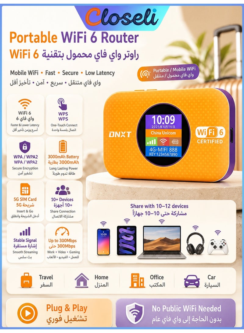 كلوزيلي راوتر واي فاي محمول 4G، Pocket WiFi، راوتر CPE، راوتر 5G بشريحة SIM، WiFi 6، مودم LTE، توصيل وتشغيل فوري، شاشة عرض التاريخ والبطارية، بطارية 3000mAh، اتصال WPS بلمسة واحدة، تشفير WPA/WPA2، إشارة قوية وتغطية واسعة، يدعم حتى 12 جهاز، مناسب للمنزل والسفر (أصفر) - Image 1