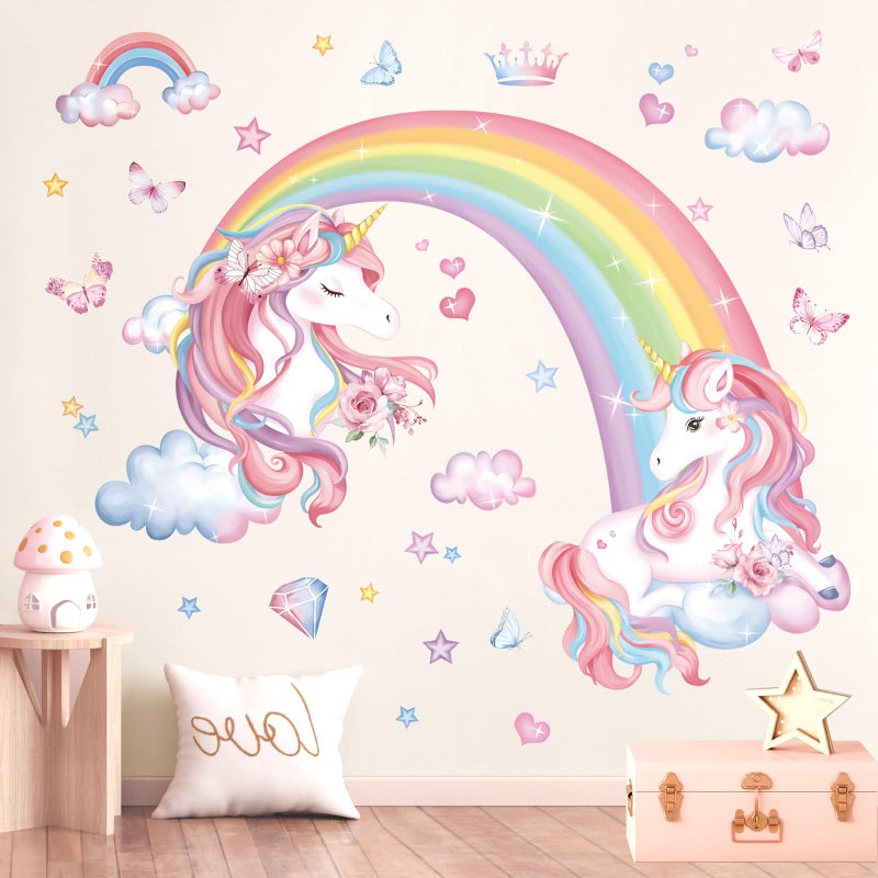 decalmile Rainbow Unicorn Wall Decals Rainbow Butterflies Clouds Unicorn Wall Stickers Baby Nursery Girls Bedroom Daycare Wall Decor - Image 2