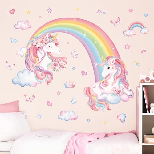 decalmile Rainbow Unicorn Wall Decals Rainbow Butterflies Clouds Unicorn Wall Stickers Baby Nursery Girls Bedroom Daycare Wall Decor - Image 3