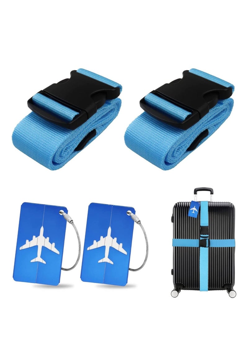 SYOSI Luggage Straps for Suitcases, Cargo Strap, 2pcs Travel Suitcase Straps with 2pcs Luggage Tags, Wide Adjustable Packing Straps with Buckle for Suitcase Luggage Baggage, 70 x 2 Inch Blue  - Image 1