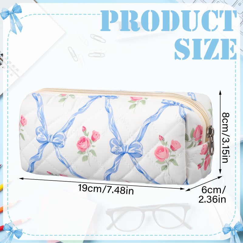 Sherr Coquette Bow Pencil Case Blue Floral Bow Cute Pencil Pouch Soft Cotton Storage Bag Aesthetic Pattern Gift Makeup Pouch Cosmetic Bag for Women Adults - Image 2