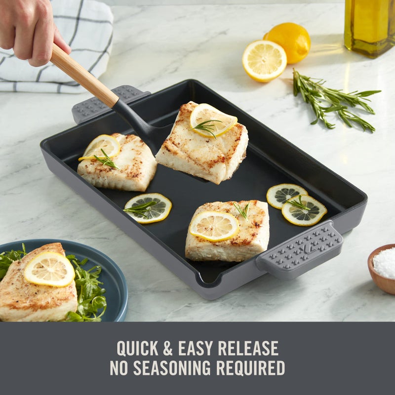 DASH Zakarian by Dash 9"x13" Nonstick Cast Iron Pan with Pour Spout and Removable Silicone Grips for Searing, Baking, Broiling, Grilling and more - Grey - Image 5
