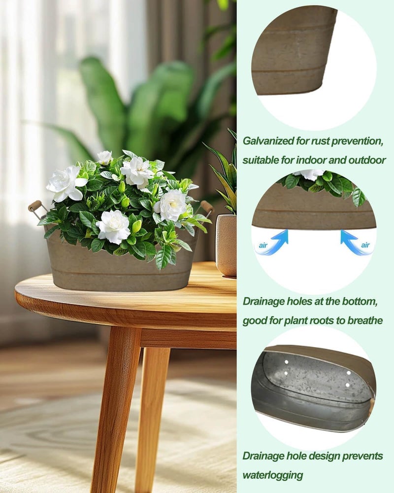 vensovo 15 Inch Galvanized Planters for Outdoor Plants - 3 Pcs Rustic Large Metal Flower Buckets with Drainage & Plug, Farmhouse Style Oval Planter Containers with Handles, Great for Home Decor - Image 3