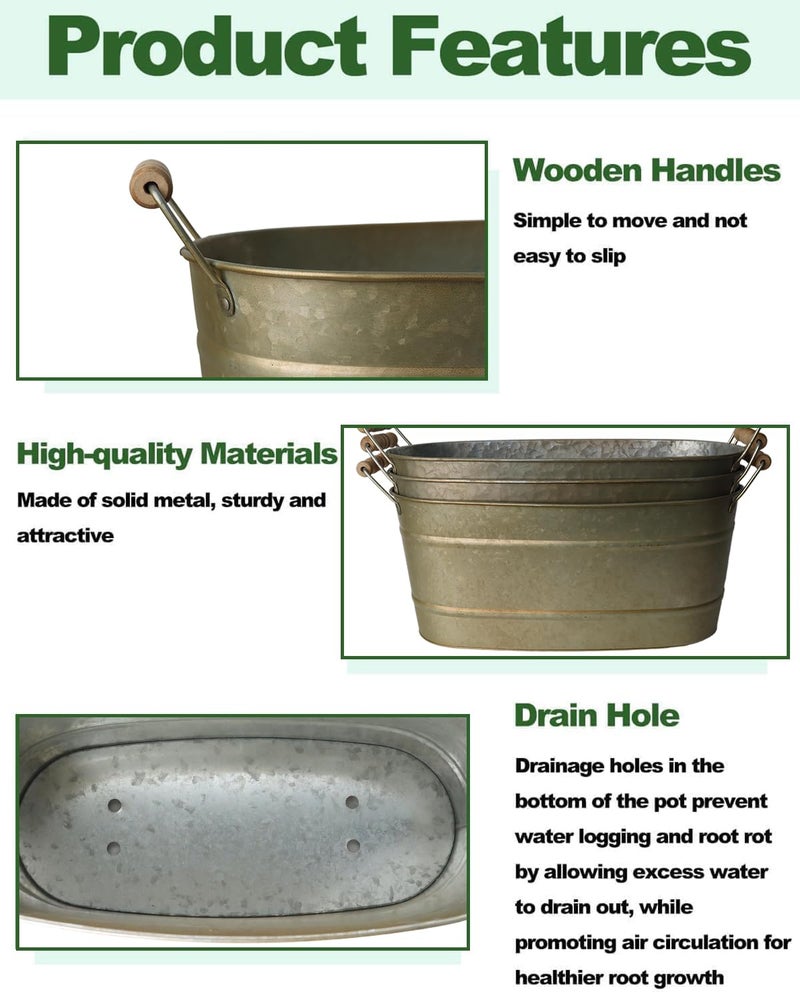 vensovo 15 Inch Galvanized Planters for Outdoor Plants - 3 Pcs Rustic Large Metal Flower Buckets with Drainage & Plug, Farmhouse Style Oval Planter Containers with Handles, Great for Home Decor - Image 4