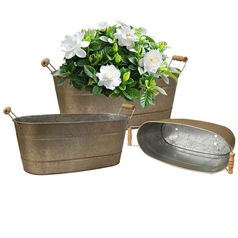 vensovo 15 Inch Galvanized Planters for Outdoor Plants - 3 Pcs Rustic Large Metal Flower Buckets with Drainage & Plug, Farmhouse Style Oval Planter Containers with Handles, Great for Home Decor - Image 1
