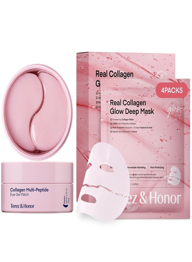 TEREZ & HONOR Collagen Face Mask & Eye Patches Set - Korean Skincare Self Care for Wrinkles, Fine Lines, Pores, Elasticity, Eye Puffiness, Dark Circles - Deep Hydrating, Firming, Glowing Hydrogel - Image 1