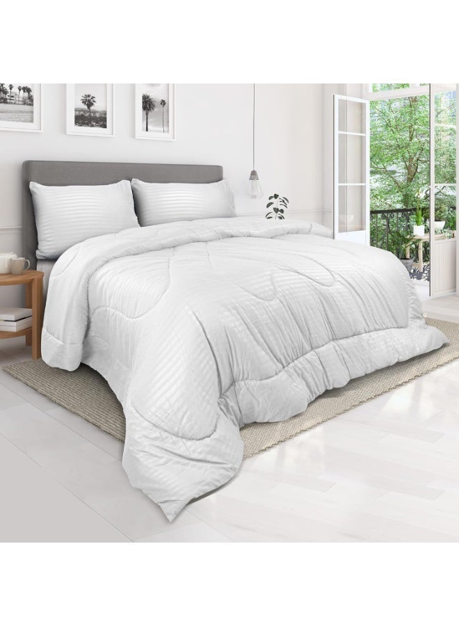 3 Piece Single Size Comforter Set 160 x 220, 1 Comforter,  1 Flat Sheet & 1 Pillow case - Ultra Soft Stripe Microfiber Fabric, Lightweight, Luxury, & Breathable Hotel Quality - All Season Fluffy, White - Image 1