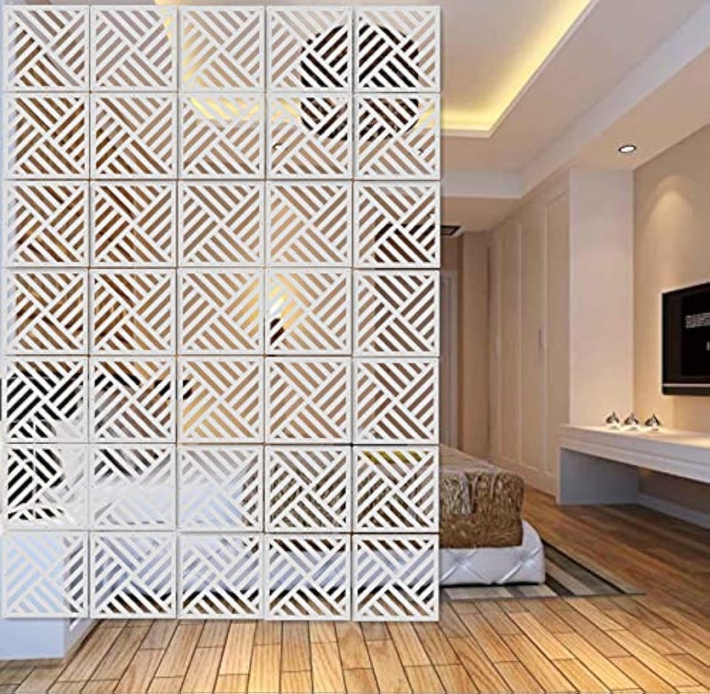 BMIDRUT White Hanging Room Divider12 Pieces WoodPlastic DIY Panel Screens Partition Wall Dividers Room Decoration with All Accessories 114x114 Inch