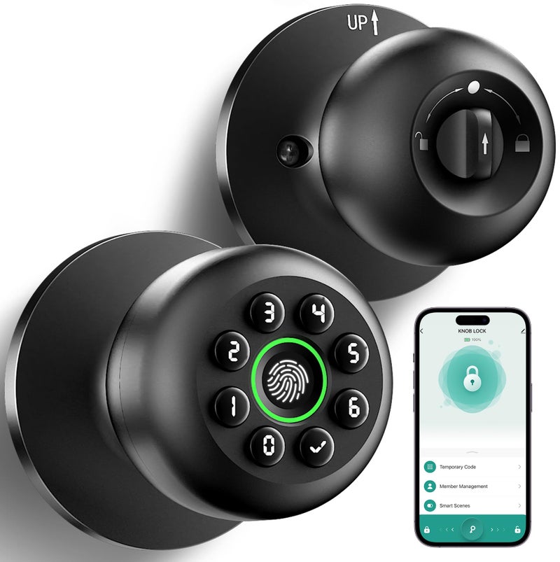 KLLOQUE Fingerprint Door Lock, Smart Fingerprint Door Knob with Keypad, Biometric Door knobs with App Control, Auto Lock Door Lock with Code, Keyless Door Knob with Locks for Bedroom, Home,Office-Matte Black - Image 1
