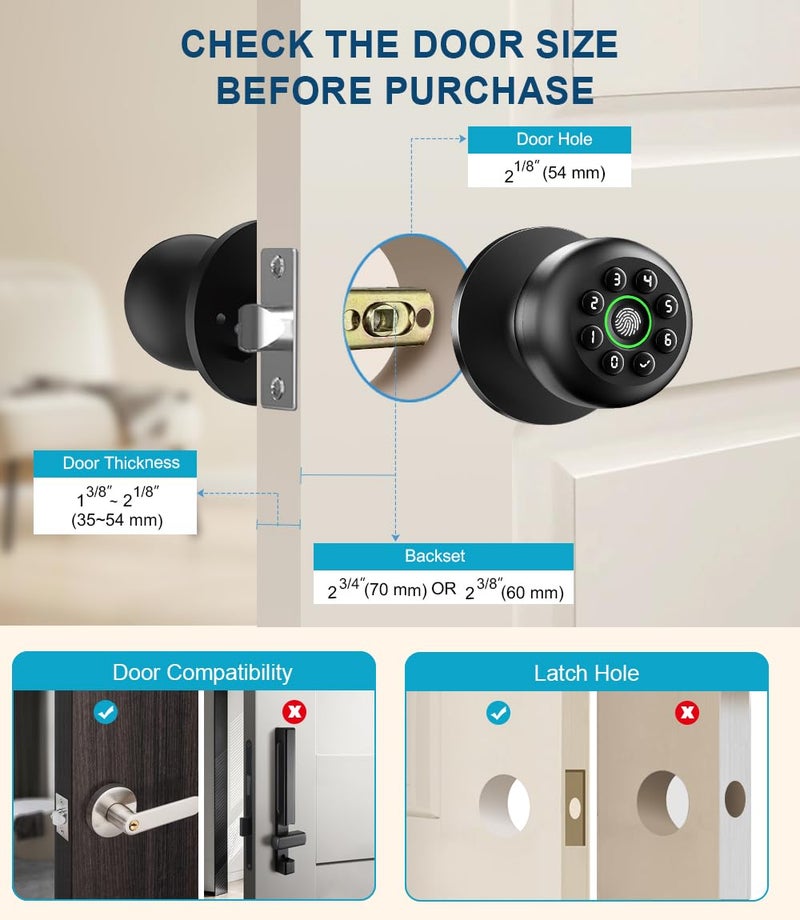 KLLOQUE Fingerprint Door Lock, Smart Fingerprint Door Knob with Keypad, Biometric Door knobs with App Control, Auto Lock Door Lock with Code, Keyless Door Knob with Locks for Bedroom, Home,Office-Matte Black - Image 4